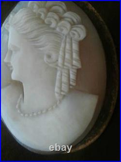 ANTIQUE VICTORIAN SHELL CAMEO HAND CARVED LADY PIN BROOCH Vtg