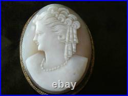 ANTIQUE VICTORIAN SHELL CAMEO HAND CARVED LADY PIN BROOCH Vtg