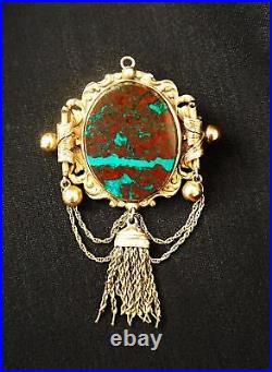ANTIQUE Victorian Gold Chrysocolla Cuprite Fringed Brooch Pendant Hand Chased