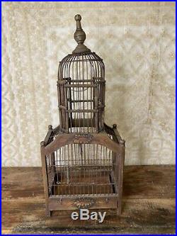 ANTIQUE Vintage Wooden Metal Hand Painted WOOD Wire VICTORIAN DOME BIRD CAGE