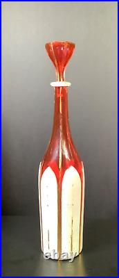 ANTIQUE WHITE OVERLAY CUT to RED GLASS DECANTER HAND PAINTED GOLD GILT 14