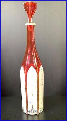 ANTIQUE WHITE OVERLAY CUT to RED GLASS DECANTER HAND PAINTED GOLD GILT 14