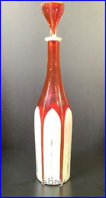 ANTIQUE WHITE OVERLAY CUT to RED GLASS DECANTER HAND PAINTED GOLD GILT 14