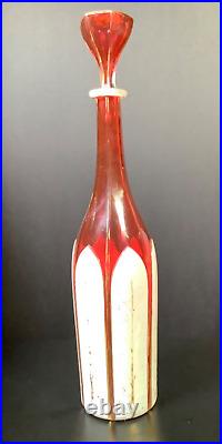 ANTIQUE WHITE OVERLAY CUT to RED GLASS DECANTER HAND PAINTED GOLD GILT 14