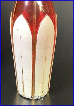 ANTIQUE WHITE OVERLAY CUT to RED GLASS DECANTER HAND PAINTED GOLD GILT 14