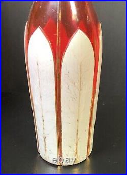 ANTIQUE WHITE OVERLAY CUT to RED GLASS DECANTER HAND PAINTED GOLD GILT 14