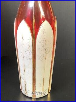 ANTIQUE WHITE OVERLAY CUT to RED GLASS DECANTER HAND PAINTED GOLD GILT 14