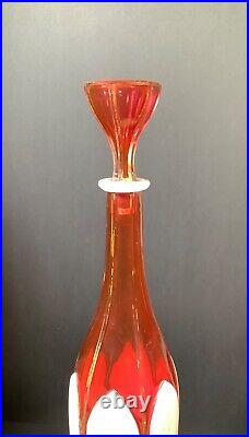 ANTIQUE WHITE OVERLAY CUT to RED GLASS DECANTER HAND PAINTED GOLD GILT 14