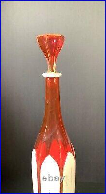 ANTIQUE WHITE OVERLAY CUT to RED GLASS DECANTER HAND PAINTED GOLD GILT 14