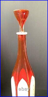 ANTIQUE WHITE OVERLAY CUT to RED GLASS DECANTER HAND PAINTED GOLD GILT 14