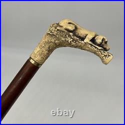 ATQ 1900s Hand Carved Mahogany Wood & Bone 36 Walking Cane Hound Dog Handle