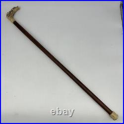 ATQ 1900s Hand Carved Mahogany Wood & Bone 36 Walking Cane Hound Dog Handle