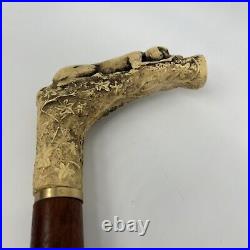 ATQ 1900s Hand Carved Mahogany Wood & Bone 36 Walking Cane Hound Dog Handle