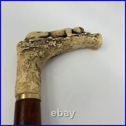 ATQ 1900s Hand Carved Mahogany Wood & Bone 36 Walking Cane Hound Dog Handle