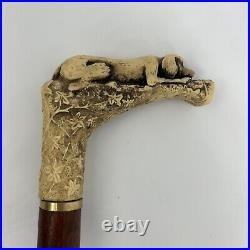 ATQ 1900s Hand Carved Mahogany Wood & Bone 36 Walking Cane Hound Dog Handle