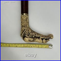 ATQ 1900s Hand Carved Mahogany Wood & Bone 36 Walking Cane Hound Dog Handle