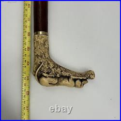 ATQ 1900s Hand Carved Mahogany Wood & Bone 36 Walking Cane Hound Dog Handle