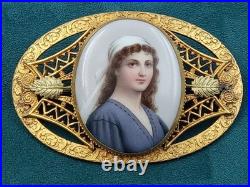 Amazing Antique C Clasp Brooch w. Hand Painted Lady's Portrait on Oval Porcelain
