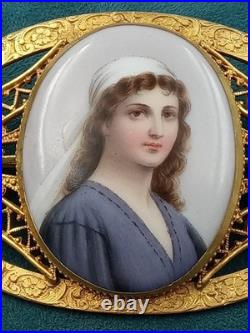 Amazing Antique C Clasp Brooch w. Hand Painted Lady's Portrait on Oval Porcelain