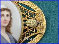 Amazing Antique C Clasp Brooch w. Hand Painted Lady's Portrait on Oval Porcelain