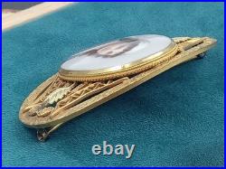 Amazing Antique C Clasp Brooch w. Hand Painted Lady's Portrait on Oval Porcelain