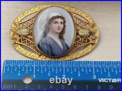 Amazing Antique C Clasp Brooch w. Hand Painted Lady's Portrait on Oval Porcelain