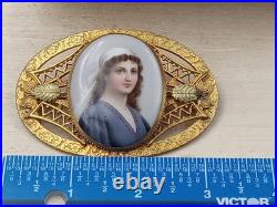 Amazing Antique C Clasp Brooch w. Hand Painted Lady's Portrait on Oval Porcelain