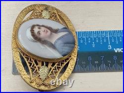 Amazing Antique C Clasp Brooch w. Hand Painted Lady's Portrait on Oval Porcelain