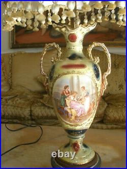 Amazing Antique Sevres Style Porcelain Hand Painted Cherub Lamp Silk Shade