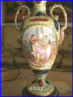 Amazing Antique Sevres Style Porcelain Hand Painted Cherub Lamp Silk Shade