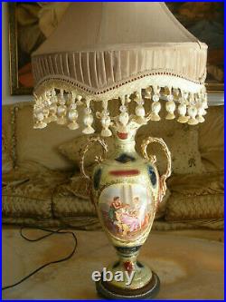 Amazing Antique Sevres Style Porcelain Hand Painted Cherub Lamp Silk Shade