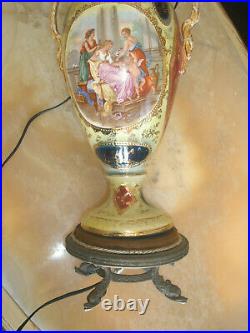 Amazing Antique Sevres Style Porcelain Hand Painted Cherub Lamp Silk Shade