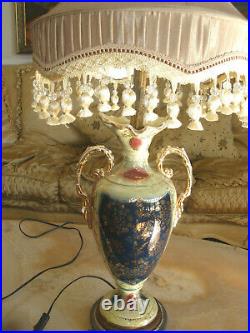 Amazing Antique Sevres Style Porcelain Hand Painted Cherub Lamp Silk Shade