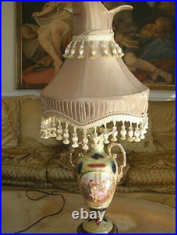 Amazing Antique Sevres Style Porcelain Hand Painted Cherub Lamp Silk Shade