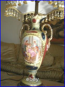 Amazing Antique Sevres Style Porcelain Hand Painted Cherub Lamp Silk Shade