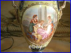 Amazing Antique Sevres Style Porcelain Hand Painted Cherub Lamp Silk Shade