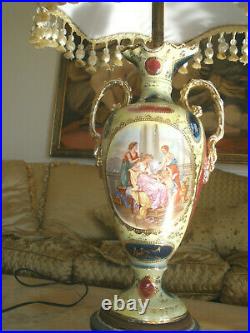 Amazing Antique Sevres Style Porcelain Hand Painted Cherub Lamp Silk Shade