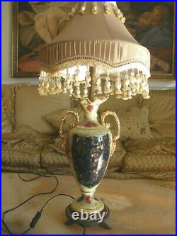 Amazing Antique Sevres Style Porcelain Hand Painted Cherub Lamp Silk Shade