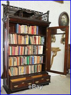 American Antique Victorian Tall Hand Carved 2 Door Walnut Burl Bookcase C1875