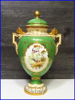 Antiq Coalport Green Gold Urn Bird of Paradise Hand Painted Percy Simpson Lions