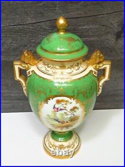 Antiq Coalport Green Gold Urn Bird of Paradise Hand Painted Percy Simpson Lions