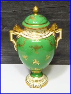 Antiq Coalport Green Gold Urn Bird of Paradise Hand Painted Percy Simpson Lions