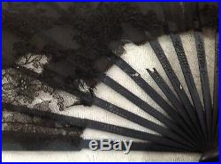Antiq Victorian Era French Blk Lace Hand Painted Lge Hand Fan Lady Tree Restorat