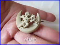 Antiq. Victorian Hand Carved Cream Lava Crescent Moon Cherub withLyra Small Brooch