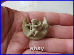 Antiq. Victorian Hand Carved Cream Lava Crescent Moon Cherub withLyra Small Brooch