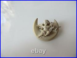 Antiq. Victorian Hand Carved Cream Lava Crescent Moon Cherub withLyra Small Brooch