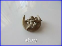 Antiq. Victorian Hand Carved Cream Lava Crescent Moon Cherub withLyra Small Brooch