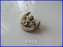 Antiq. Victorian Hand Carved Cream Lava Crescent Moon Cherub withLyra Small Brooch