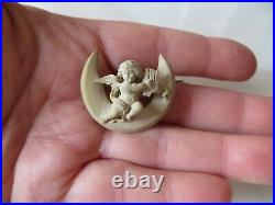 Antiq. Victorian Hand Carved Cream Lava Crescent Moon Cherub withLyra Small Brooch