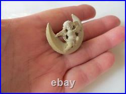 Antiq. Victorian Hand Carved Cream Lava Crescent Moon Cherub withLyra Small Brooch
